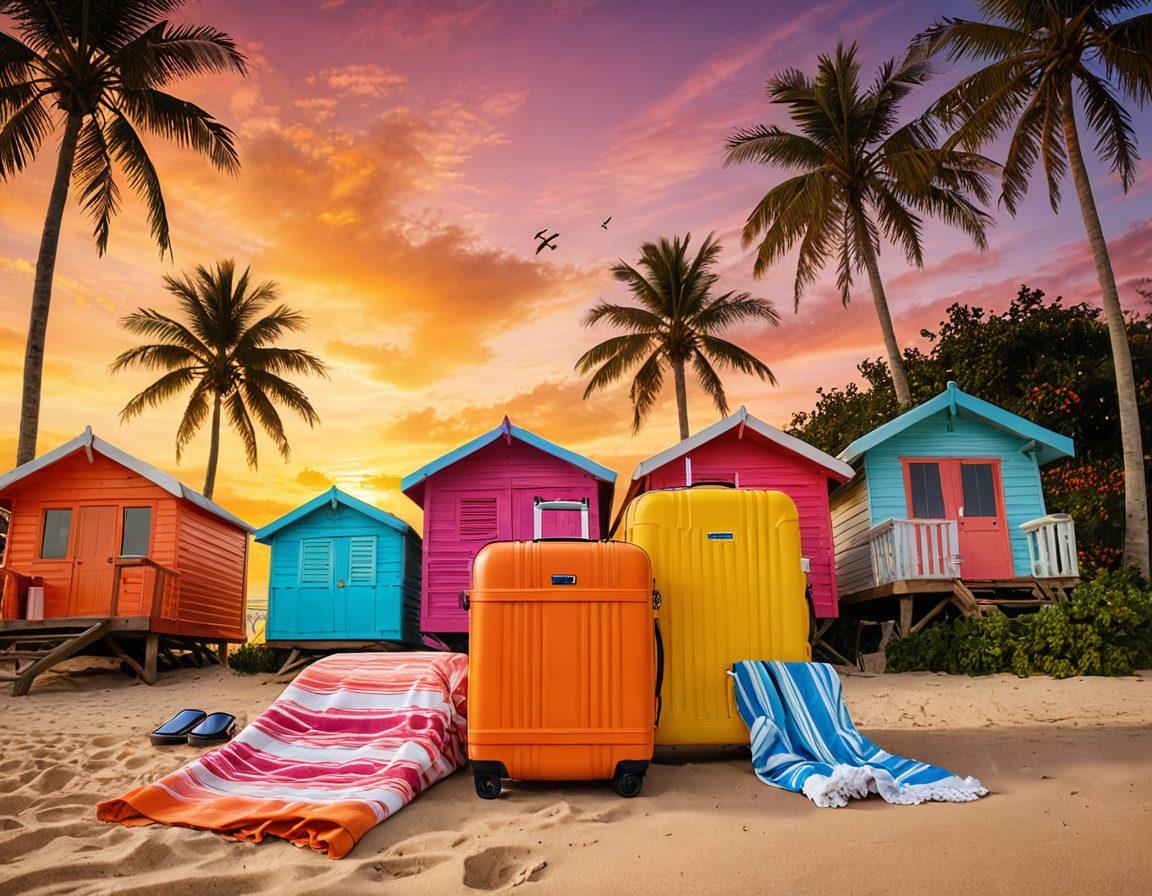 A stylish, aesthetically pleasing travel scene featuring a vibrant beach destination, a chic suitcase overflowing with adventure essentials, and a digital device displaying stunning travel deals. Incorporate bright colors and cheerful elements like palm trees, sunsets, and local attractions in the background. The atmosphere should evoke wanderlust and excitement for memorable experiences. super-realistic. vibrant colors. beach vibe.