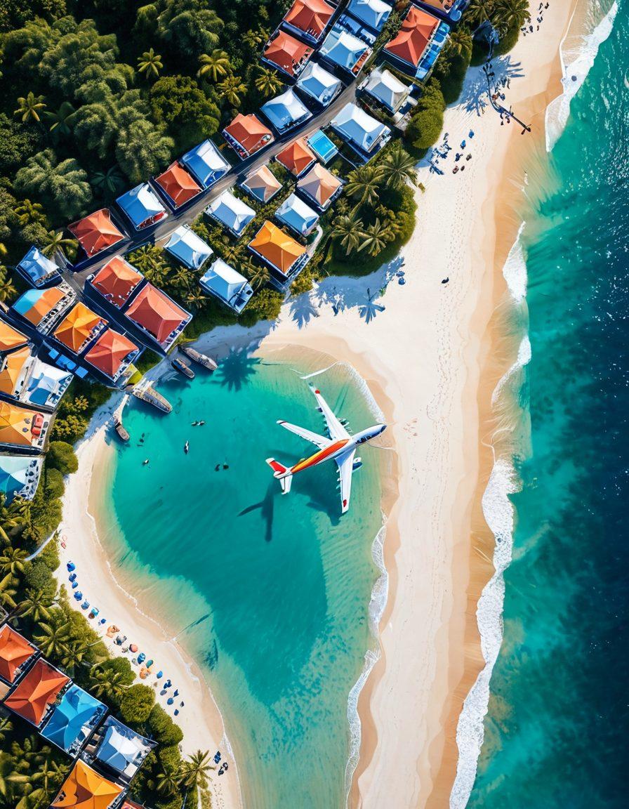 A captivating aerial view of a colorful airplane soaring over a picturesque landscape with charming vacation spots below, such as tropical beaches and vibrant cities. Incorporate visual elements like flight path lines and icons representing affordable travel deals. Evoke a sense of adventure and wanderlust with a warm and inviting color palette. super-realistic. vibrant colors.