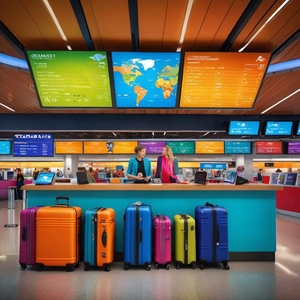 A stylish traveler checking in at a modern airport, surrounded by colorful luggage and flight boards showcasing budget airline destinations. In the background, a globe with various vacation spots highlighted, emphasizing unique travel offers. The scene is lively with fellow travelers and vibrant decorations that evoke the excitement of adventure. super-realistic. vibrant colors. 3D.